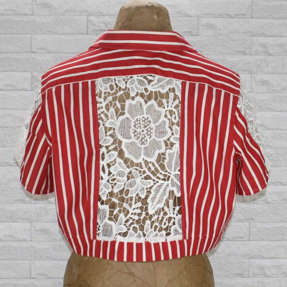 HAND CRAFTED Shirt Upcycled Cropped Striped Short Sleeve Lace Insert Red White
